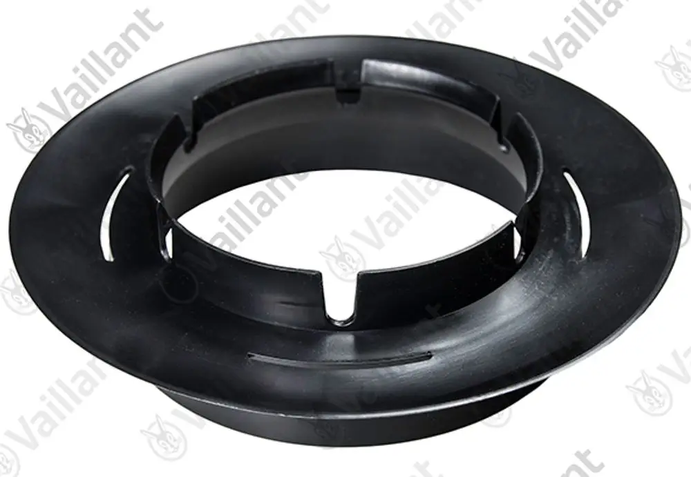 Schwarze Rosette von Vaillant mit Öffnungen zur Befestigung. Das Produkt hat einen kreisförmigen Schnitt und ist für bestimmte Heizgeräte geeignet.